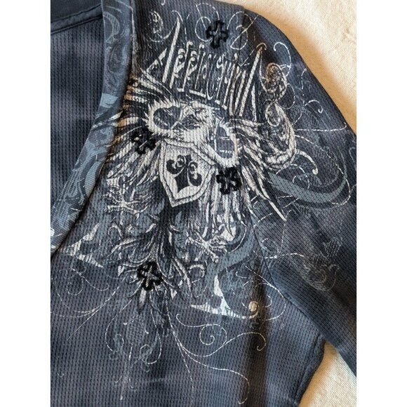 Affliction Women's Gray Thermal V Neck Goth Tribal Grunge USA Made Large - Picture 3 of 7